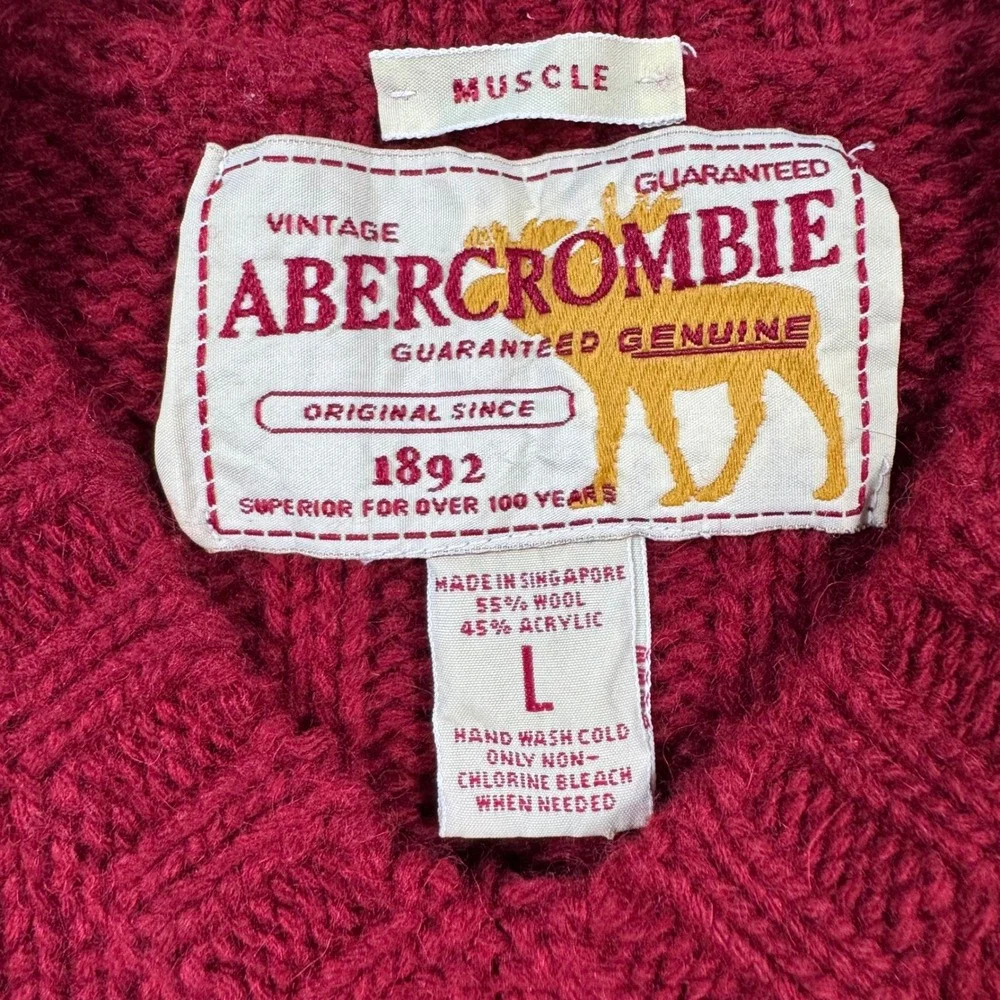 Abercrombie Sweater Mens L Red Vintage Muscle V-Neck Ribbed Wool Blend Knit